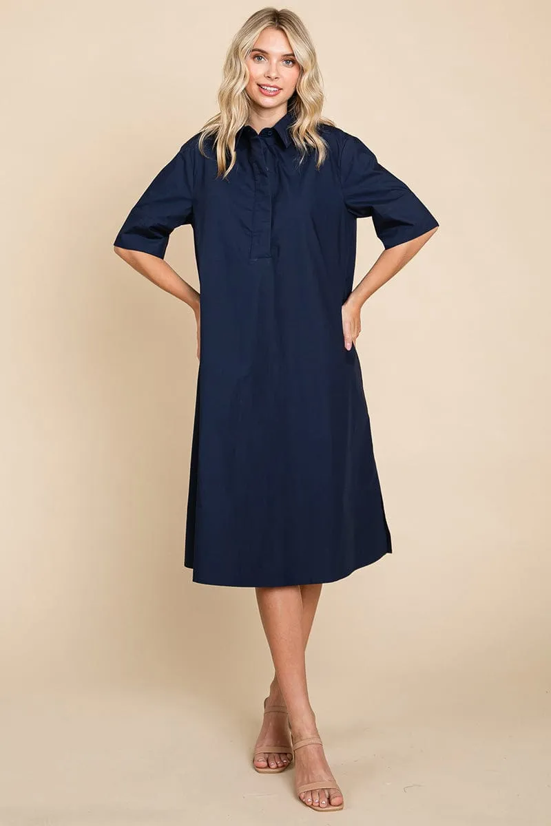 Poplin Collared Short Sleeve Cotton Shirt Dress