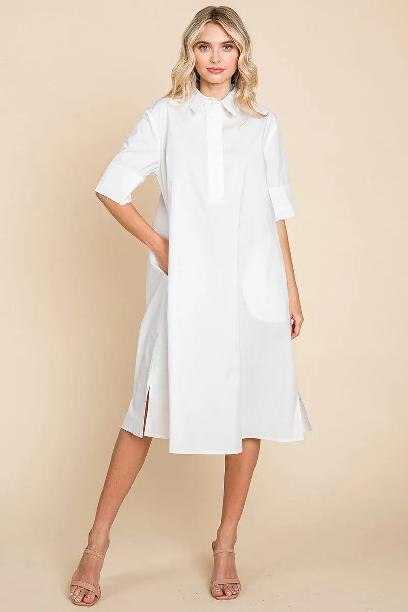 Poplin Collared Short Sleeve Cotton Shirt Dress