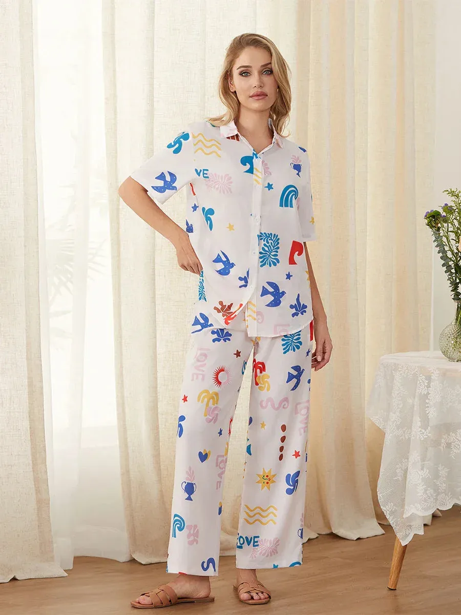 Short Sleeve Cartoon Print Button Shirt Pants Loungewear Casual Pajamas