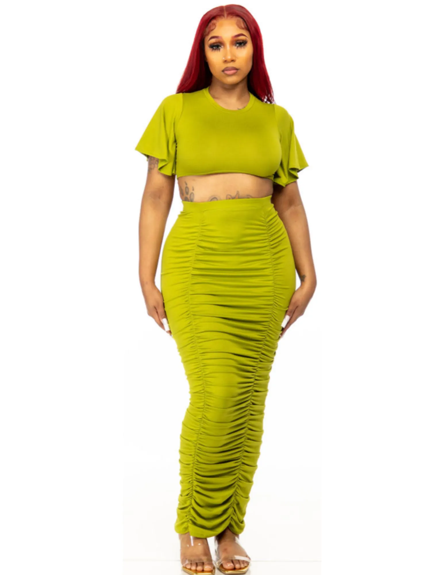 SNOB Nicole Body Con Stretchy Skirt Set-Lime Green