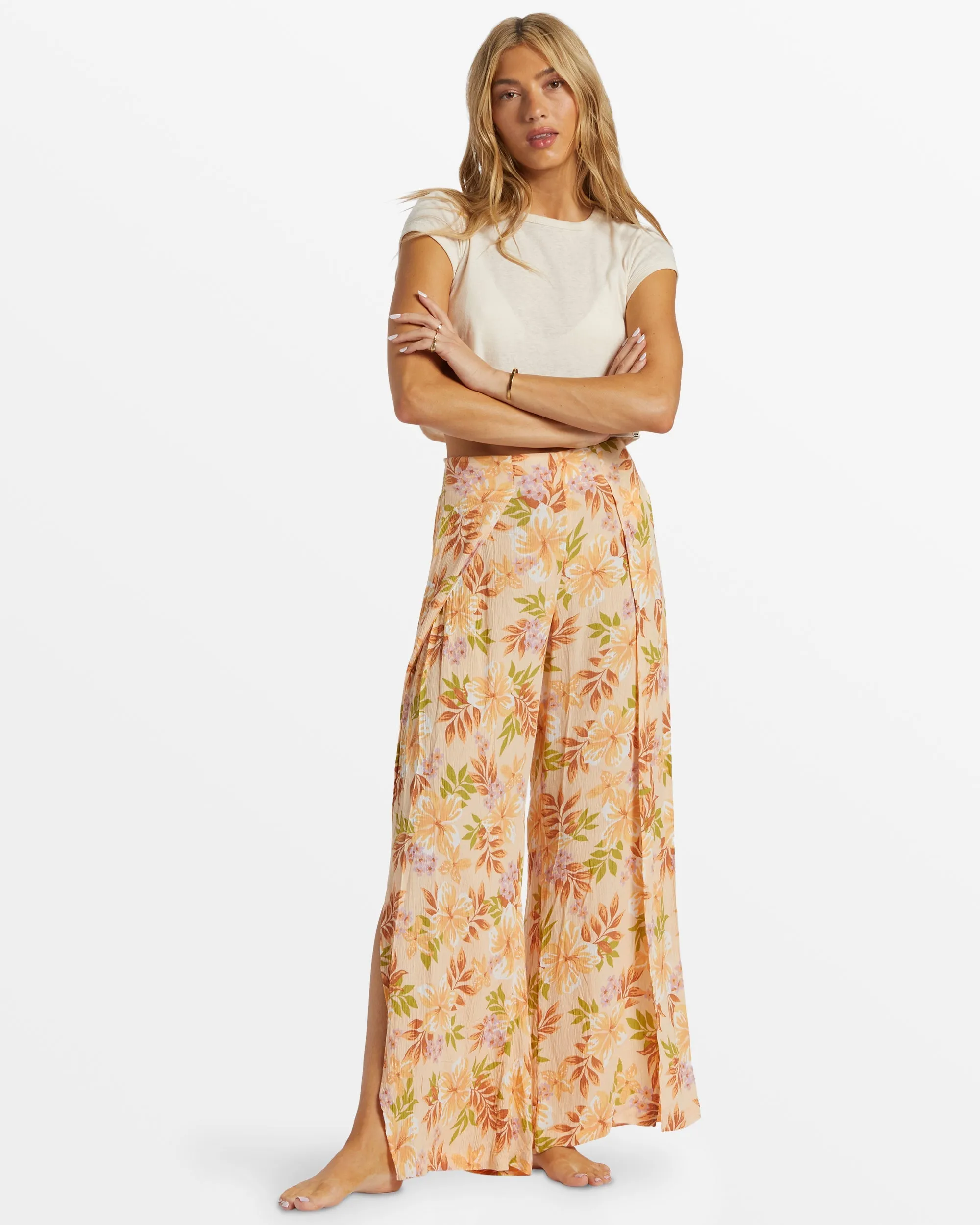 Split Spirit Floral Pants - Peach Whip