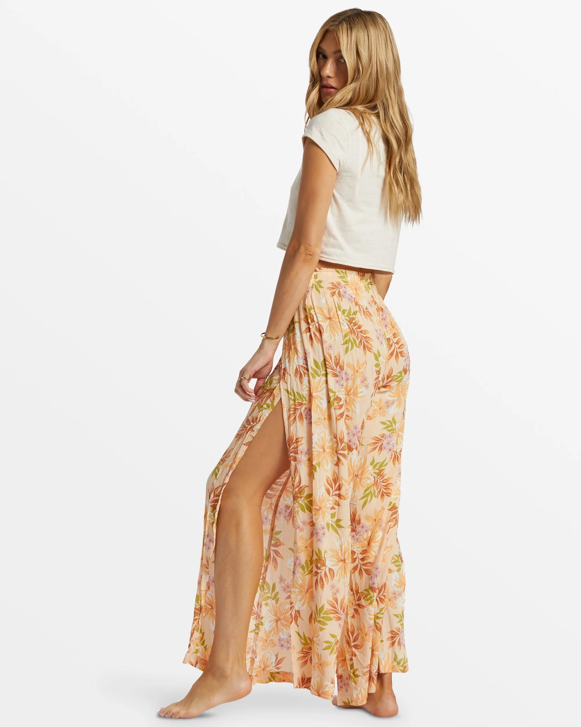 Split Spirit Floral Pants - Peach Whip