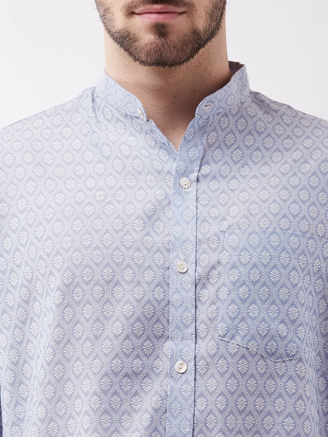 VASTRAMAY Men's Lavender Blue Silk Blend Ethnic Shirt