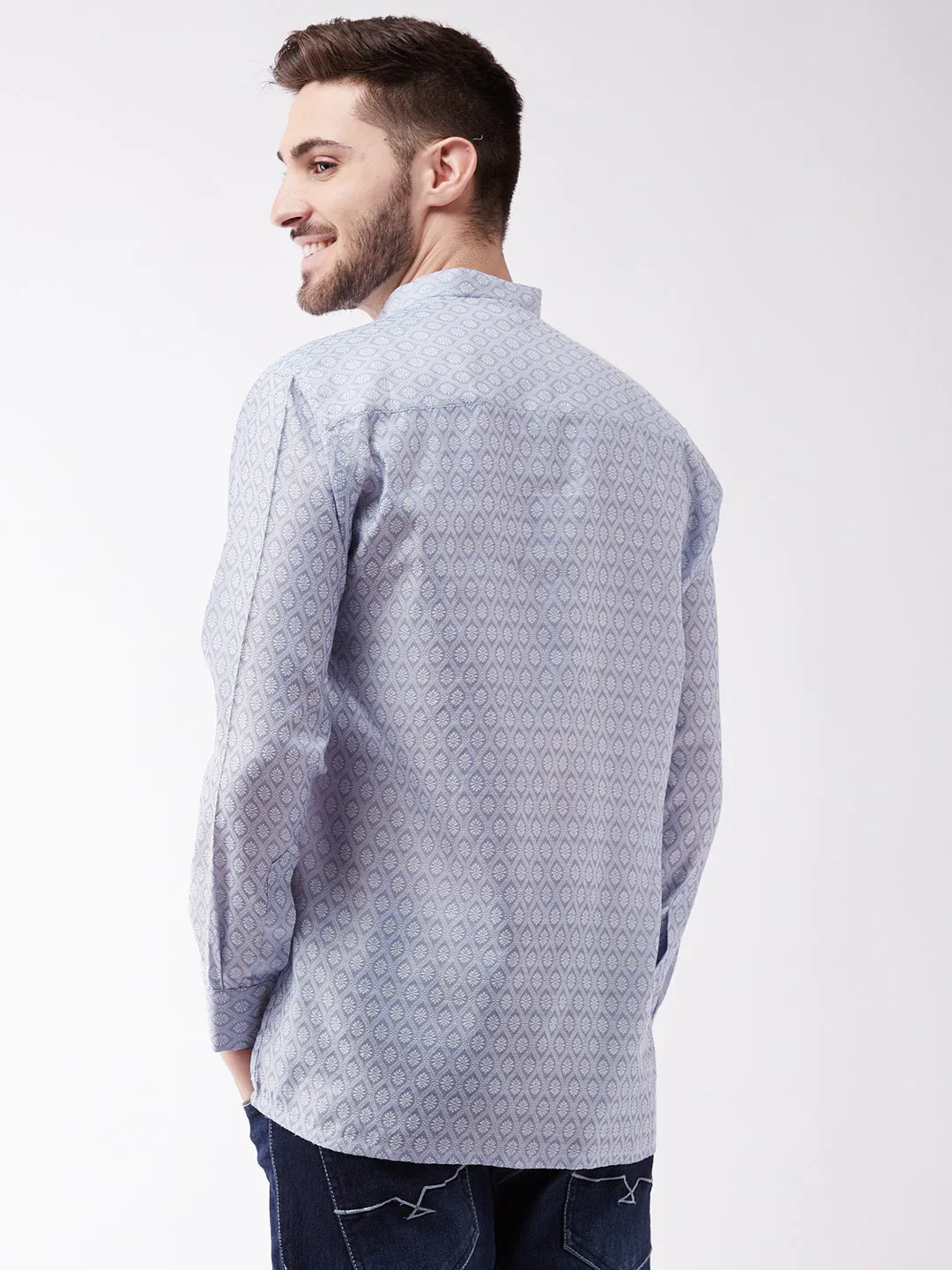 VASTRAMAY Men's Lavender Blue Silk Blend Ethnic Shirt