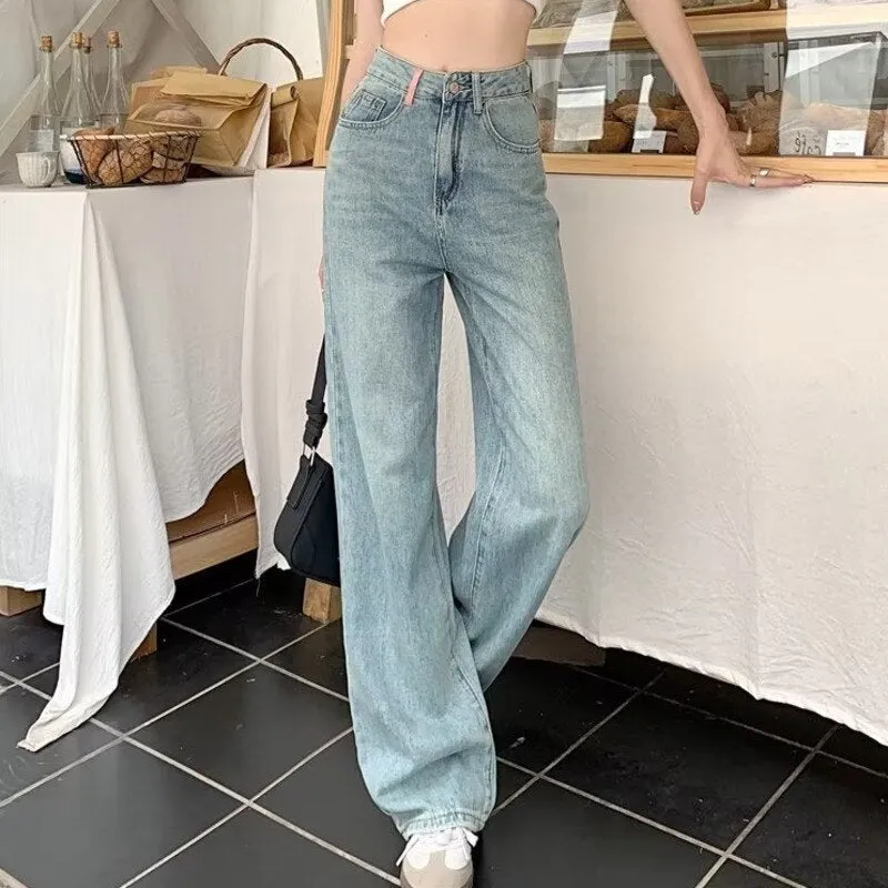 Wenkouban Baby Blue Loose Straight Jeans Women's High Waist Thin Summer Thin Design Tassel Versatile Wide Leg Pants Trend