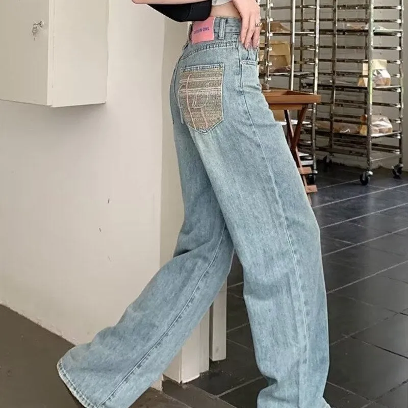 Wenkouban Baby Blue Loose Straight Jeans Women's High Waist Thin Summer Thin Design Tassel Versatile Wide Leg Pants Trend
