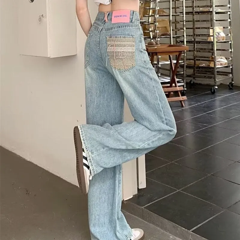 Wenkouban Baby Blue Loose Straight Jeans Women's High Waist Thin Summer Thin Design Tassel Versatile Wide Leg Pants Trend