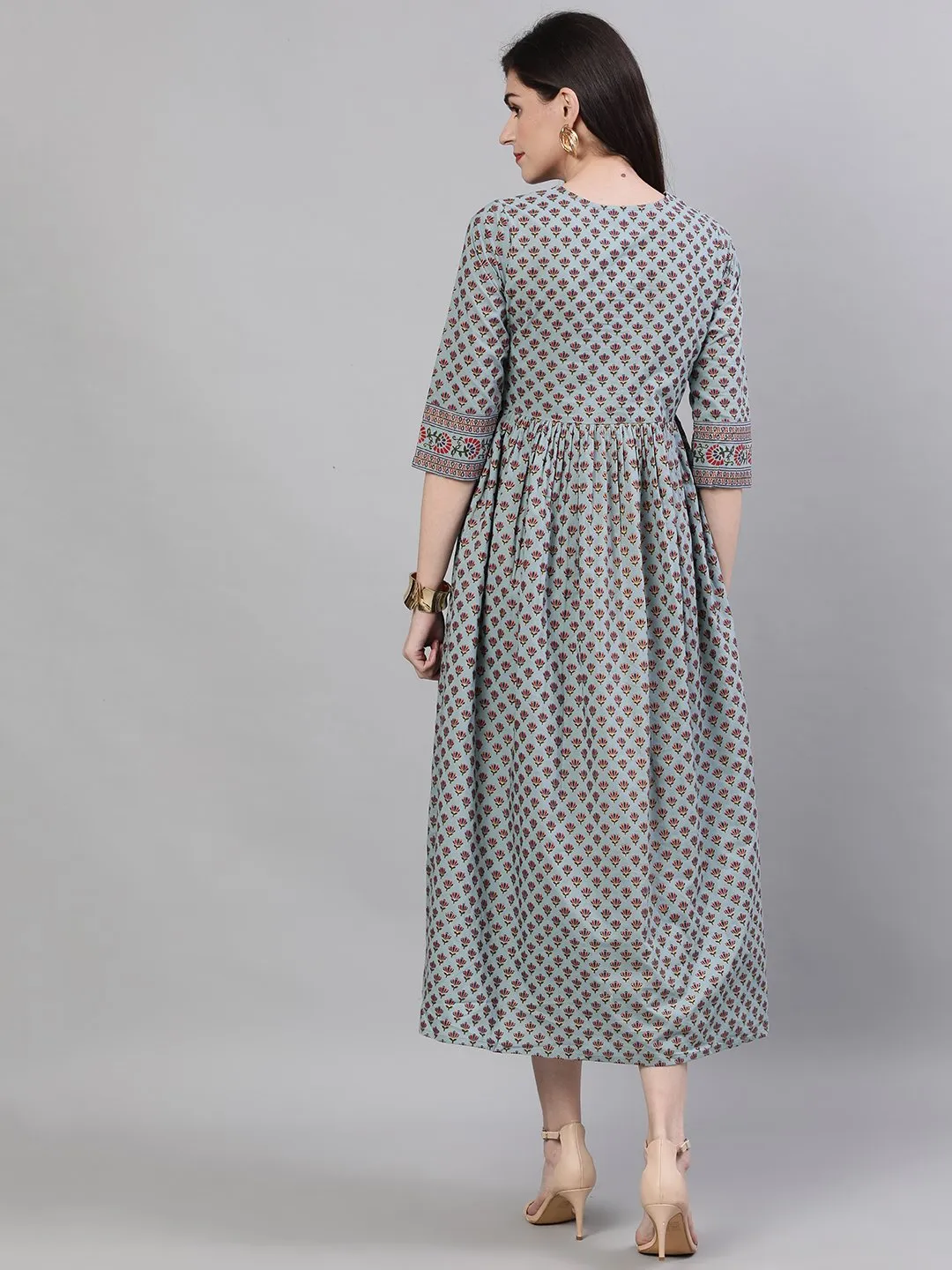 Women Blue Ethnic Motifs Printed Round Neck Cotton Maxi Dress
