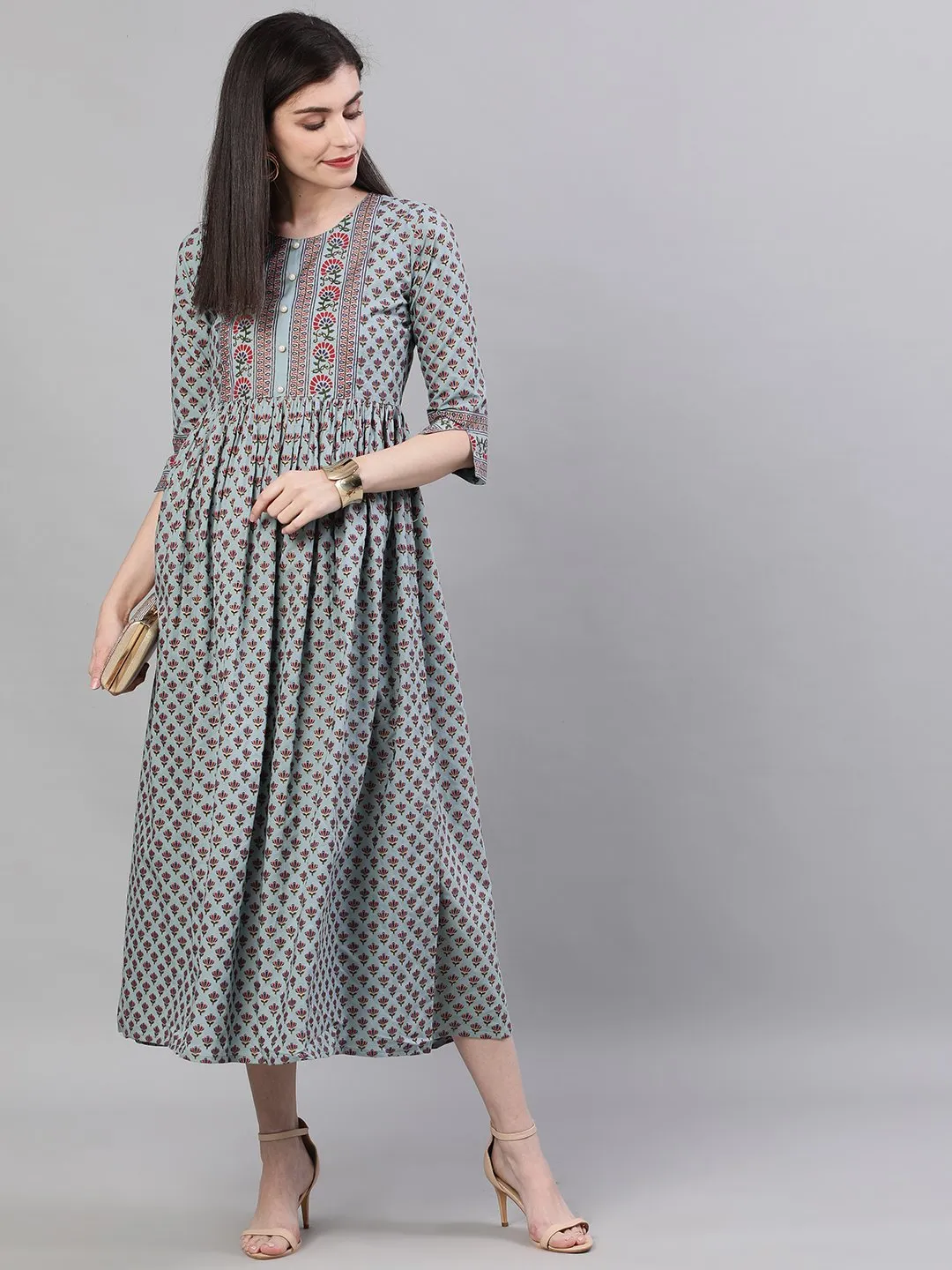 Women Blue Ethnic Motifs Printed Round Neck Cotton Maxi Dress