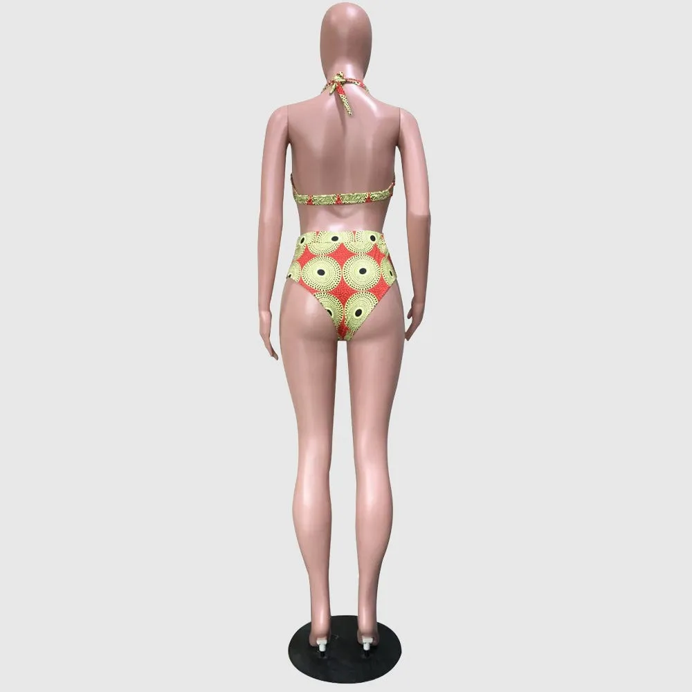 Women's Colorful Print High Waist Two-piece Swimsuit and Cover-up Robe