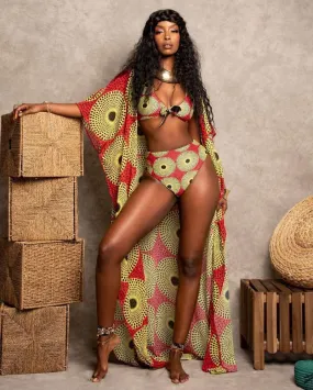 Women's Colorful Print High Waist Two-piece Swimsuit and Cover-up Robe