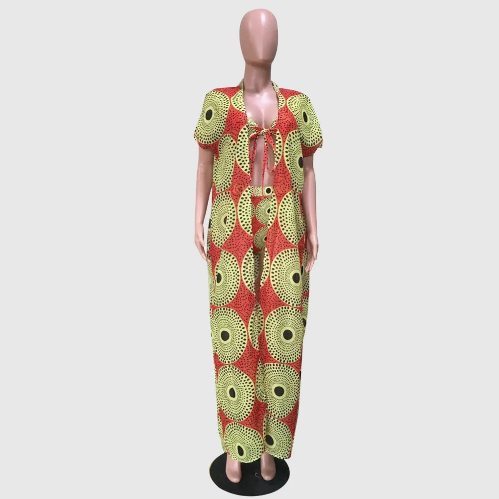 Women's Colorful Print High Waist Two-piece Swimsuit and Cover-up Robe