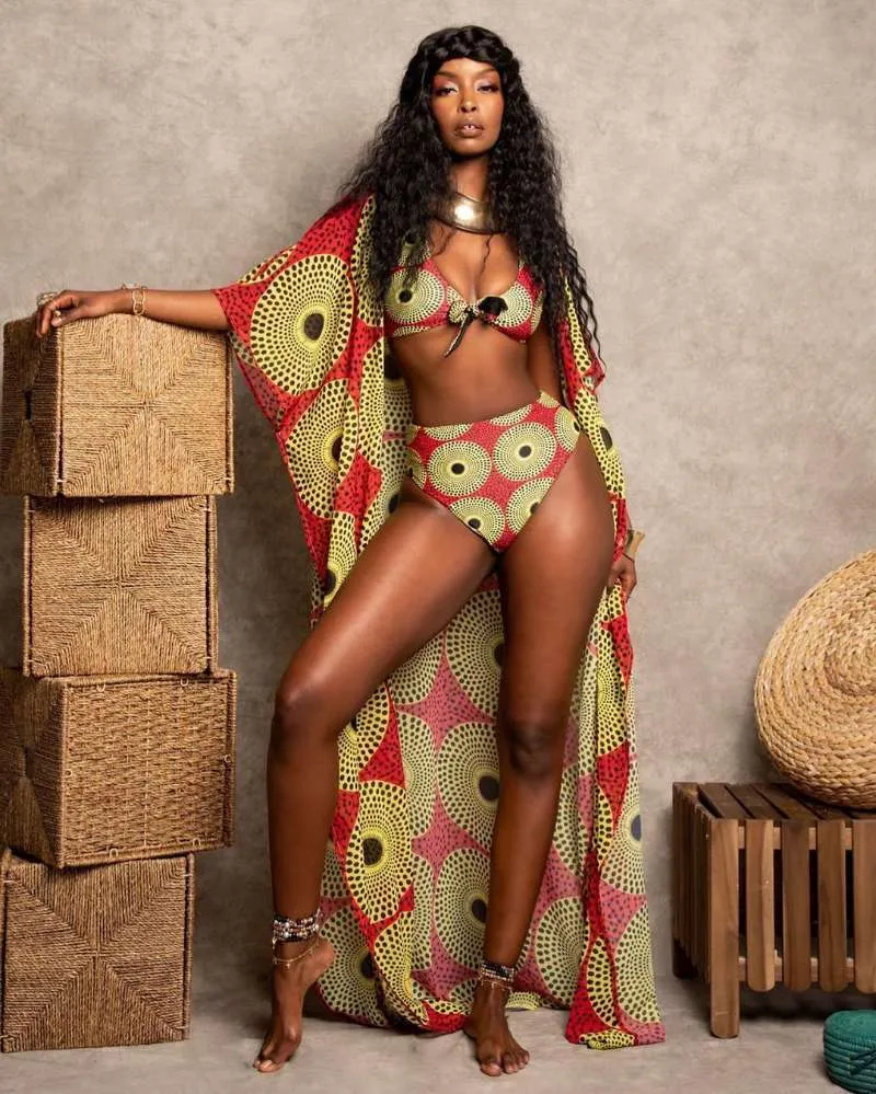 Women's Colorful Print High Waist Two-piece Swimsuit and Cover-up Robe